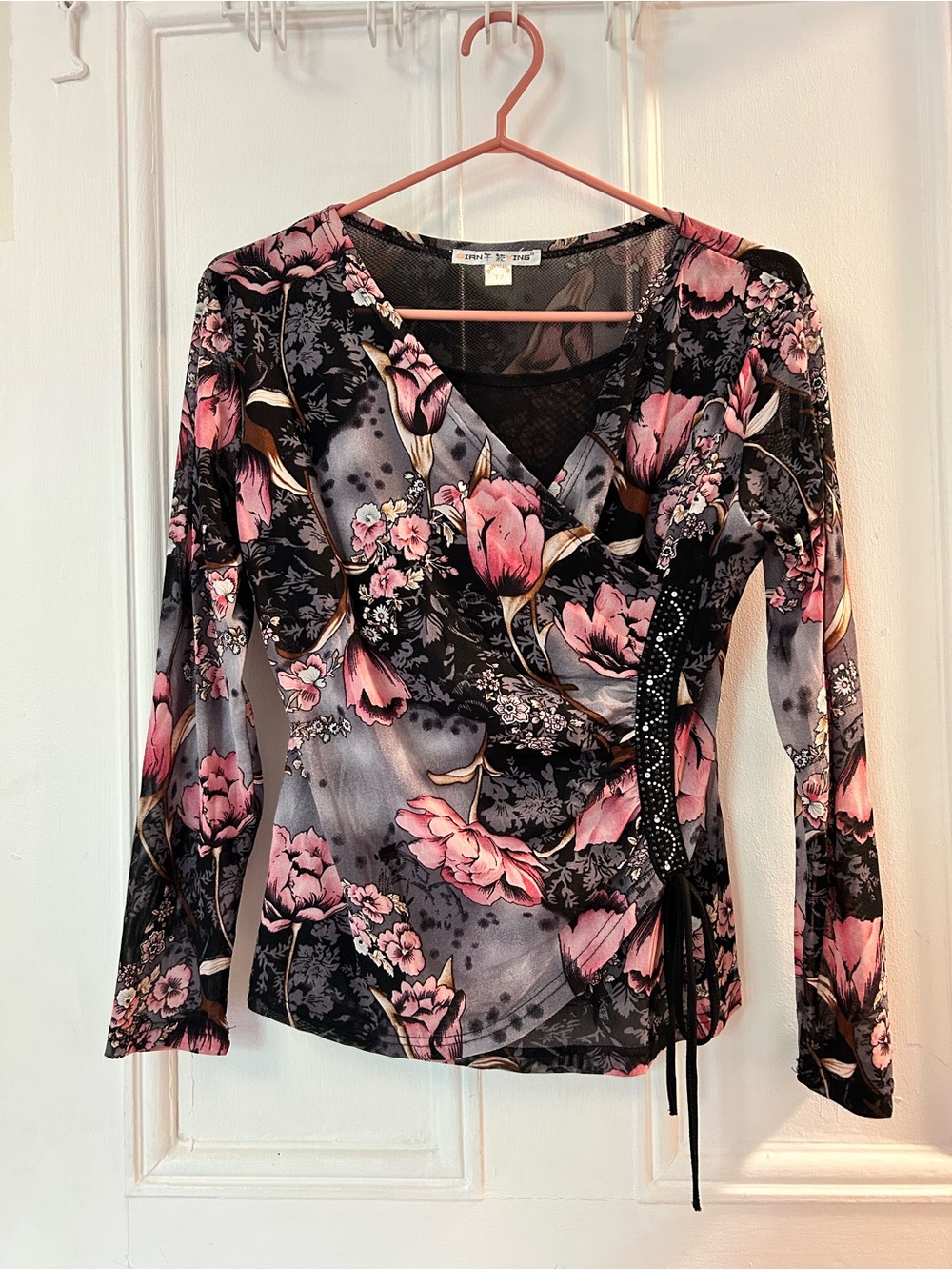 Black and Pink Floral Mesh Long-Sleeve Top